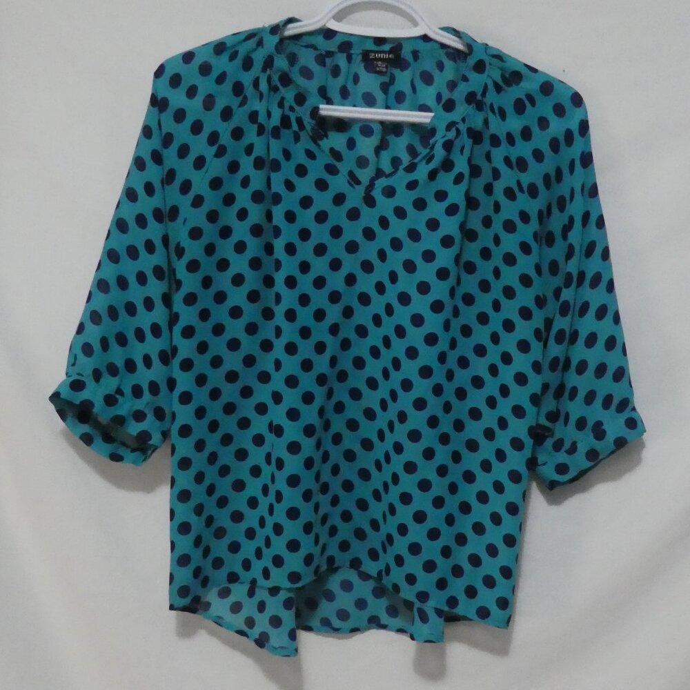 ZUNIE | small (7/8) | Turquoise Polka Dot Blouse with Three Quarter Sleeves